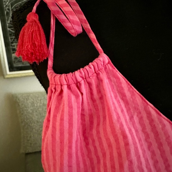 Vineyard Vines Hot Pink Pinstripe Seersucker Mini Dress Shoulder Ties Tassels L - Picture 2 of 5